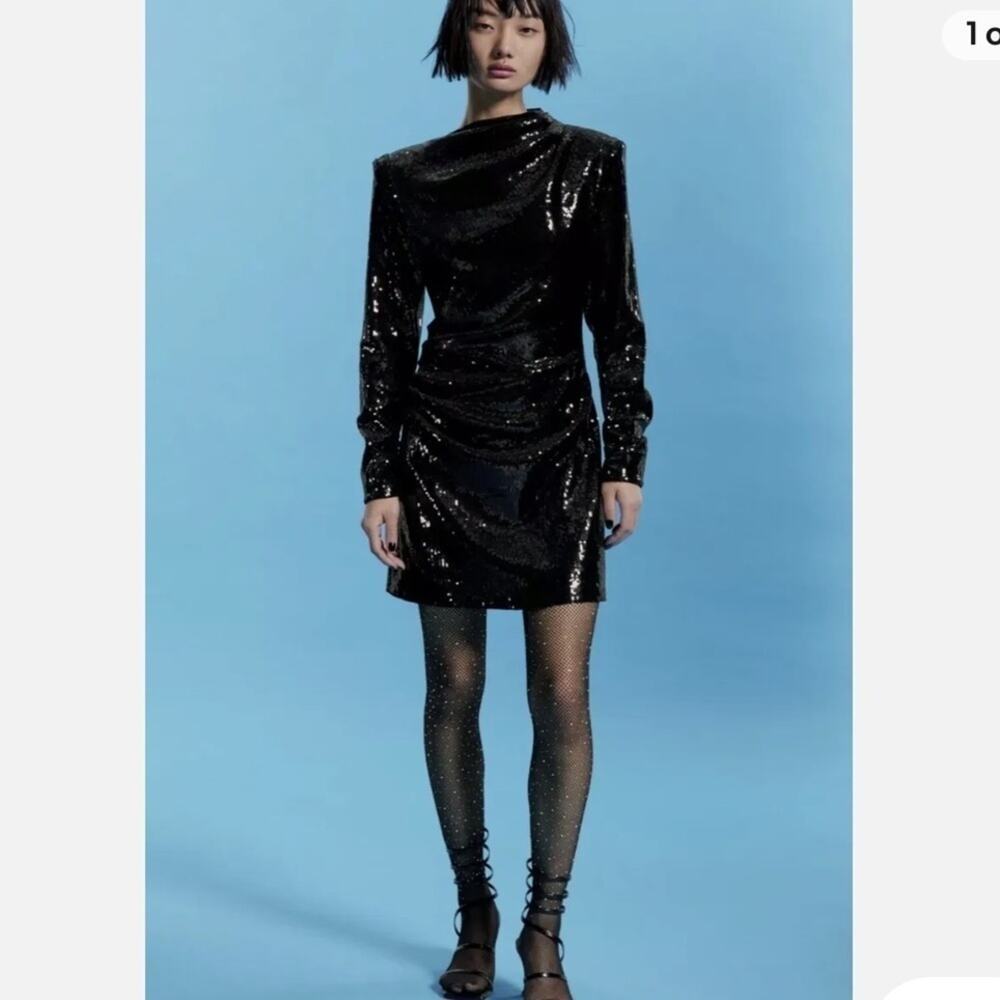 BLOGGER FAV ZARA SHOULDER PAD DRAPED Sequins DRESS mob wife